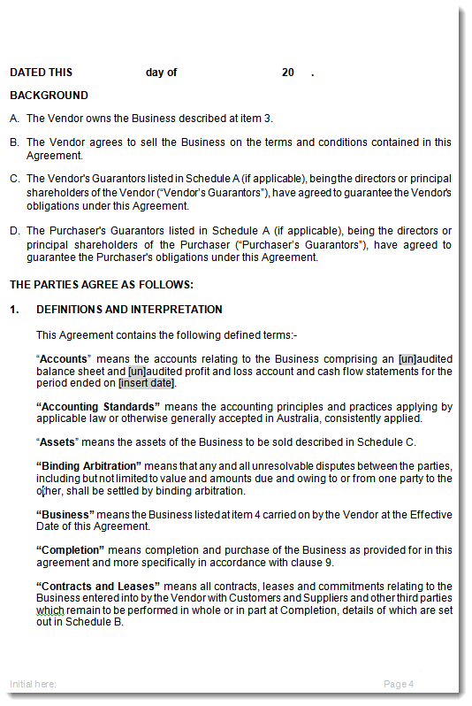 Contract For The Sale Of Business Purchase Agreement Template