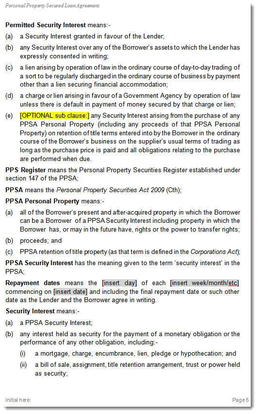 Secured Loan Agreement PPSR Sample 2