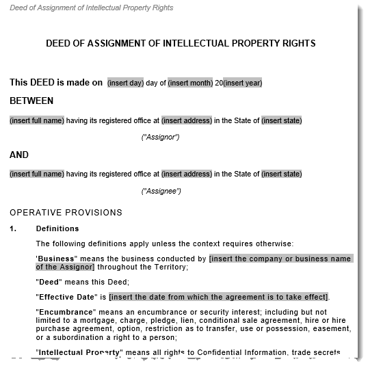 Sample document Deed of Assignment of Intellectual Property Rights