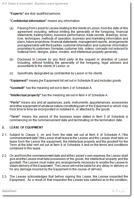 Business Lease Agreement Sample of Document 2
