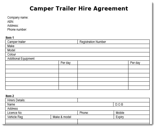 Camper Trailer Agreement Sample Document