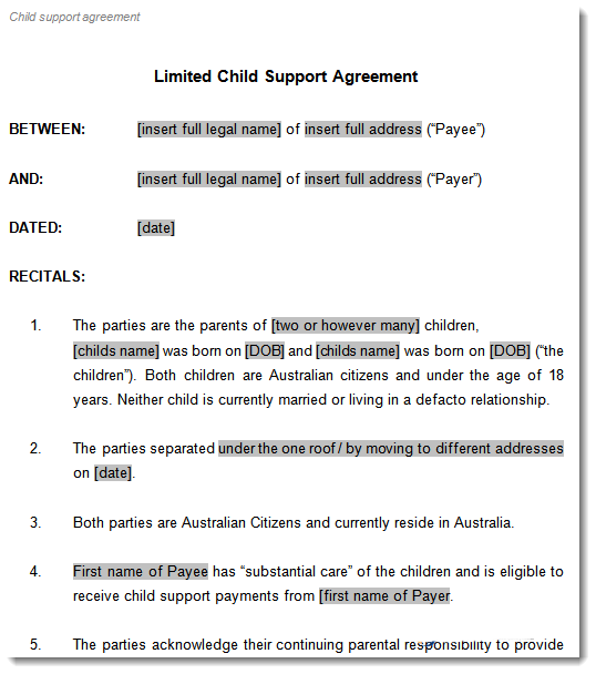 limited child support agreement