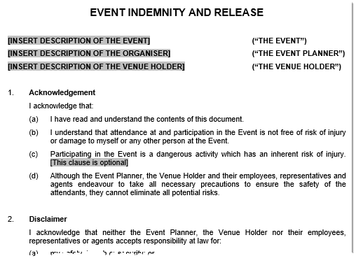 event release and indemnity agreement sample template