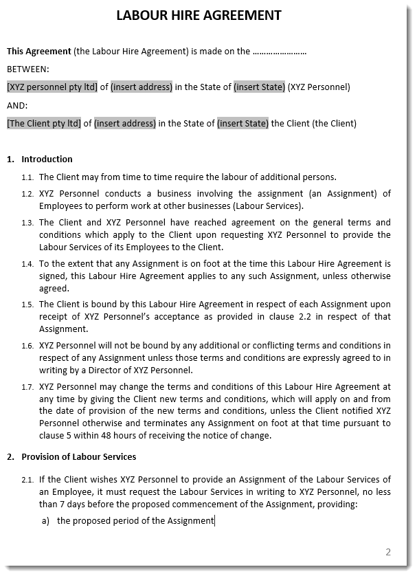 labour hire agreement template sample