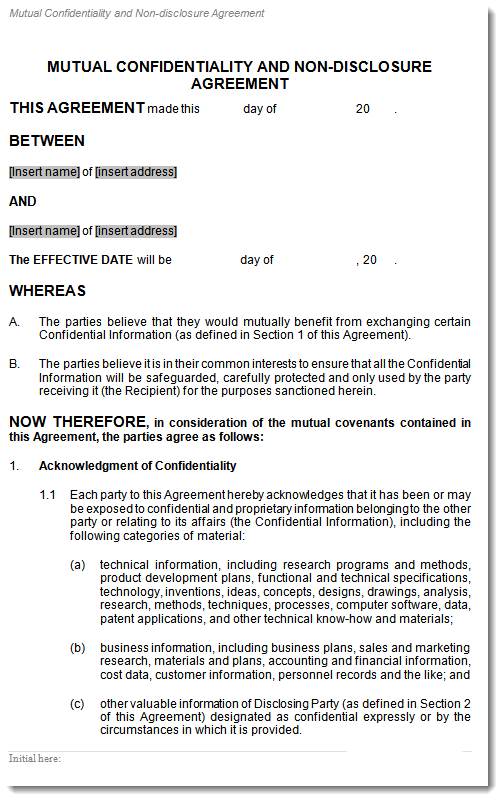 Sample Mutual Confidentiality Agreement Template 