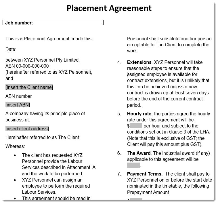 placement agreement Sample Template