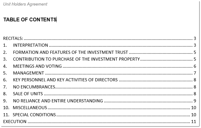 contents of Property Trust Unit Holders Agreement