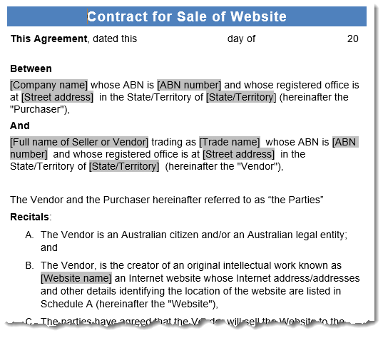 Sale of Website Contract Sample 1
