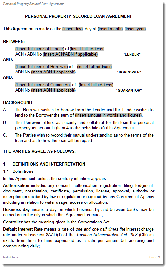 Sample page of Secured Loan Agreement 