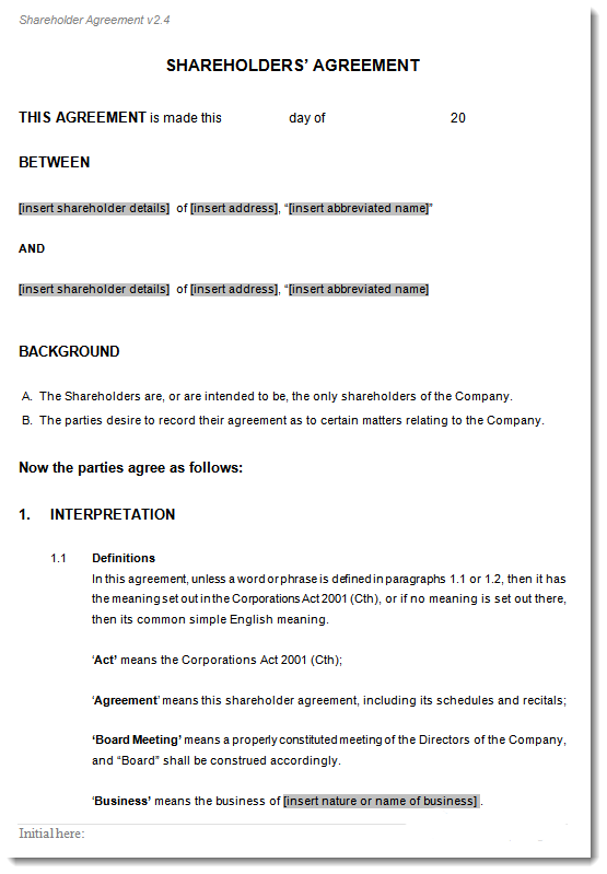 shareholders agreement sample