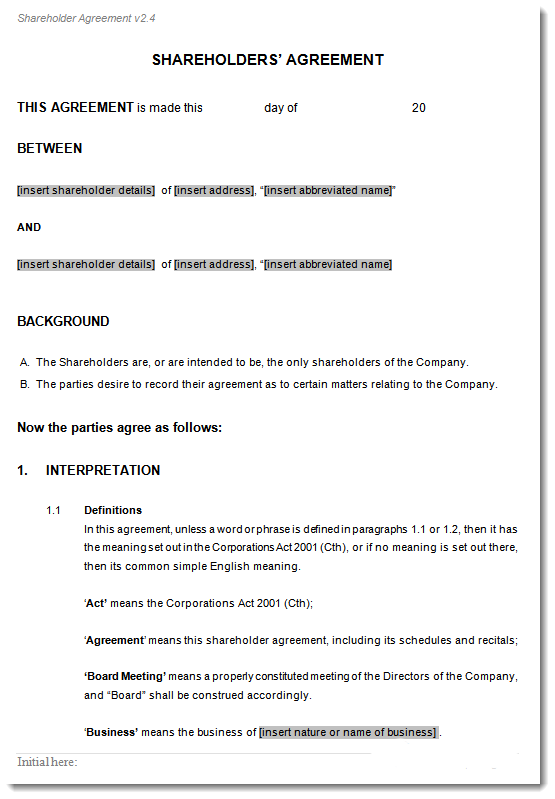 Shareholders Agreement Template Contract Download