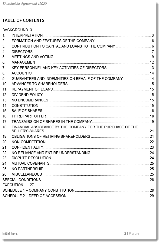 shareholders agreements sample contents
