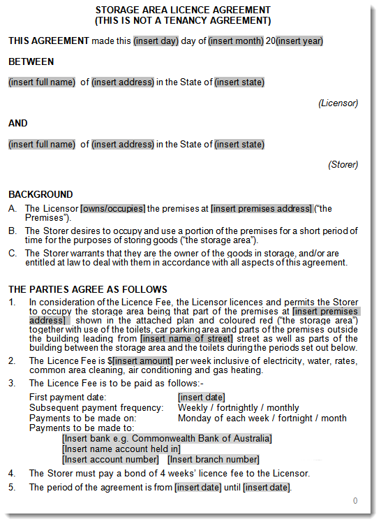 Storage space lease agreement excerpt