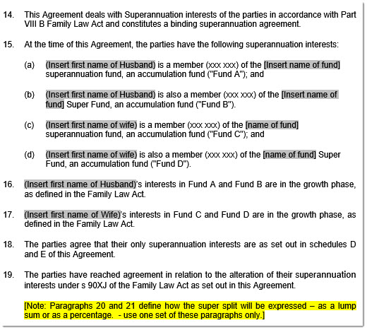 Superannuation splitting financial agreement sample