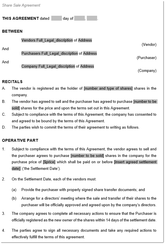 Share Sale Agreement template sample