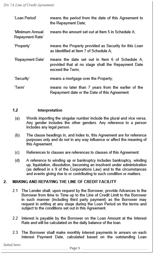 division 7a line of credit sample of template