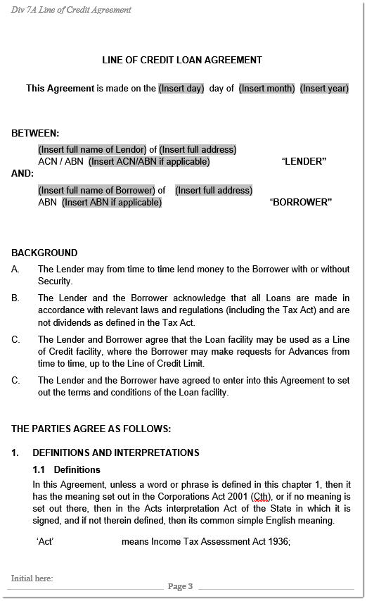 division 7a line of credit sample 